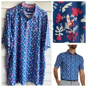 FootJoy Shirt Men 2XL Blue Jungle Leaves Stretch Golf Polo AOP Stretch LOGO Napa